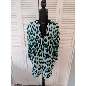 Nicole By Nicole Miller Blouse Women's XL Blue Green Leopard Beaded Top Tunic